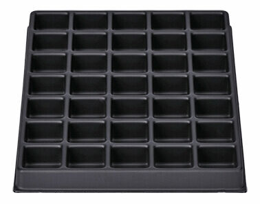 The image shows a rectangular, black baking pan with 36 evenly distributed, small indentations suitable for muffins or cupcakes. The surface is smooth.