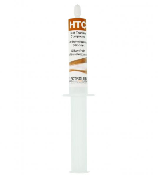 The image shows a syringe with a white and orange packaging. The imprint includes the text "HTC" and describes the product as thermal paste for electronics.