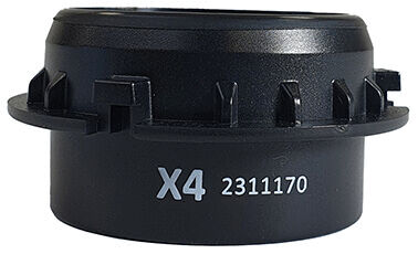 The image shows a black, round plastic component. It has a flat top with the number "X4" and "2311170" in light lettering. The edge is provided with small notches for better grip.