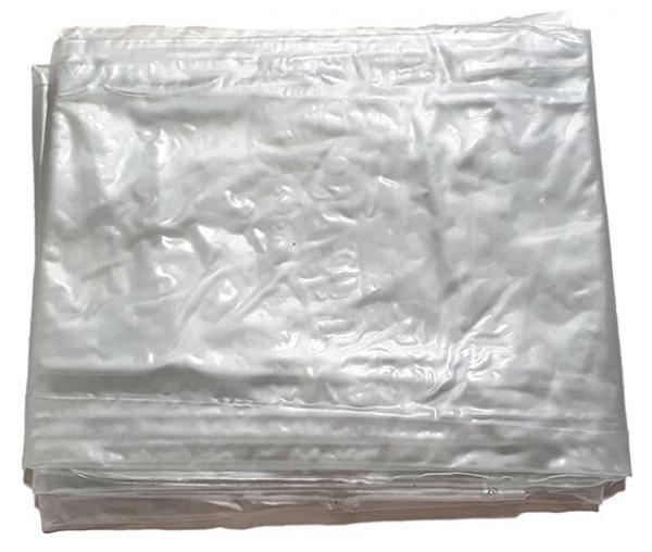 The image shows a stack of transparent, glossy plastic bags. The bags are neatly stacked on top of each other and appear smooth and rounded. They have a slight reflection on the surface.