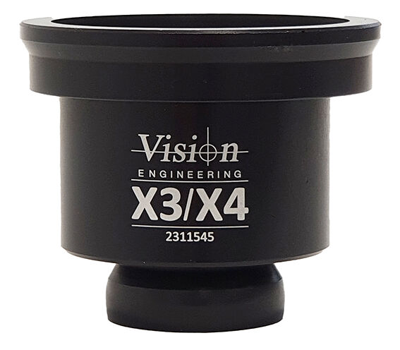 The image shows a black, cylindrical object with a wider top and a narrower bottom. It has a label marked "Vision Engineering X3/X4" and a number.