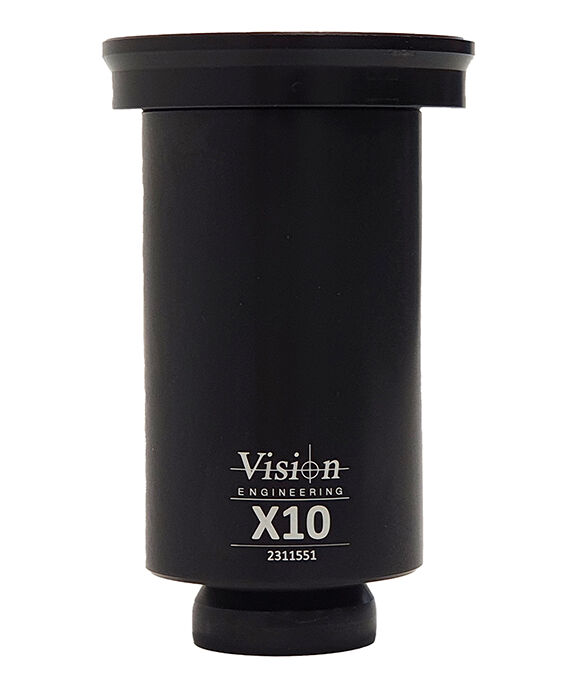 The image shows a dark, cylindrical object with a wide opening at the top and a narrow end at the bottom. It bears the inscription "Vision Engineering X10" in bright lettering.