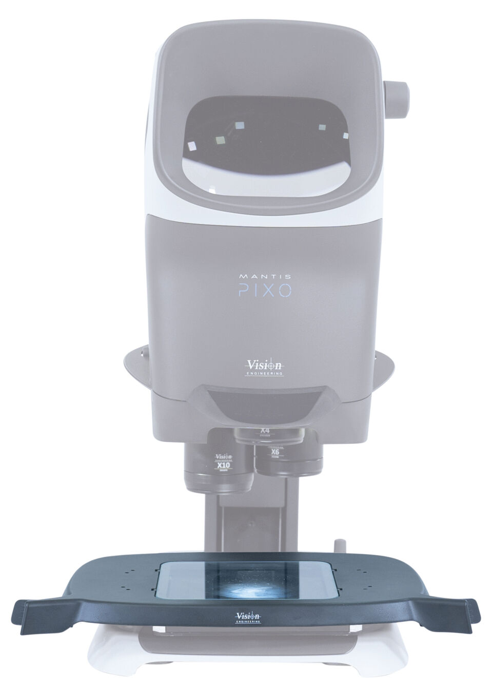 The image shows a device called Mantis PIXO, which is used for magnifying objects. Above is a rectangular screen, and below is a flat surface for the objects.