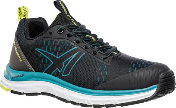 The shoe is a sporty, black-colored sneaker with blue and turquoise accents. It features a sturdy sole with a lightweight, breathable upper and laces.