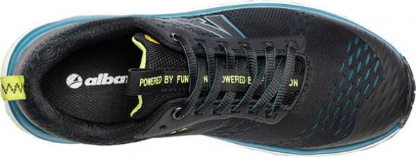 The image shows the upper part of a black sports shoe with blue accents. The surface is textured, with laces and a small yellow label at the back.