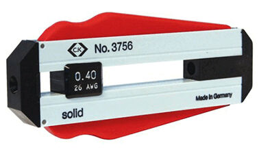 The image shows a red and silver tool that looks like a holder. On one side, there is a numerical display for wire gauges. It has a sturdy, ergonomic shape.