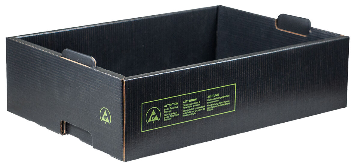 The image shows a black, rectangular cardboard box without a lid. It has two notches as handles on the longer sides. The inside is also black.