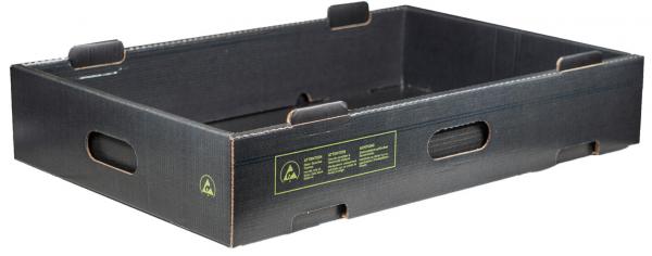 The image shows a rectangular, flat fruit or vegetable crate made of black cardboard. It has two side handle openings and is slightly raised at the corners.