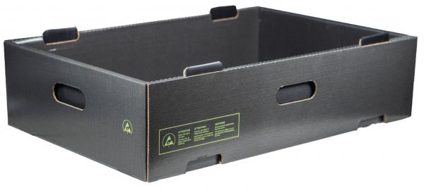 The image shows a black cardboard box with open handles on both long sides. The edge is rounded, and there is a labeled area on the front.