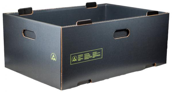 The image shows a rectangular, black cardboard box with two side handles. The top edge is open and it has a matte surface. On one side, yellow information is printed.