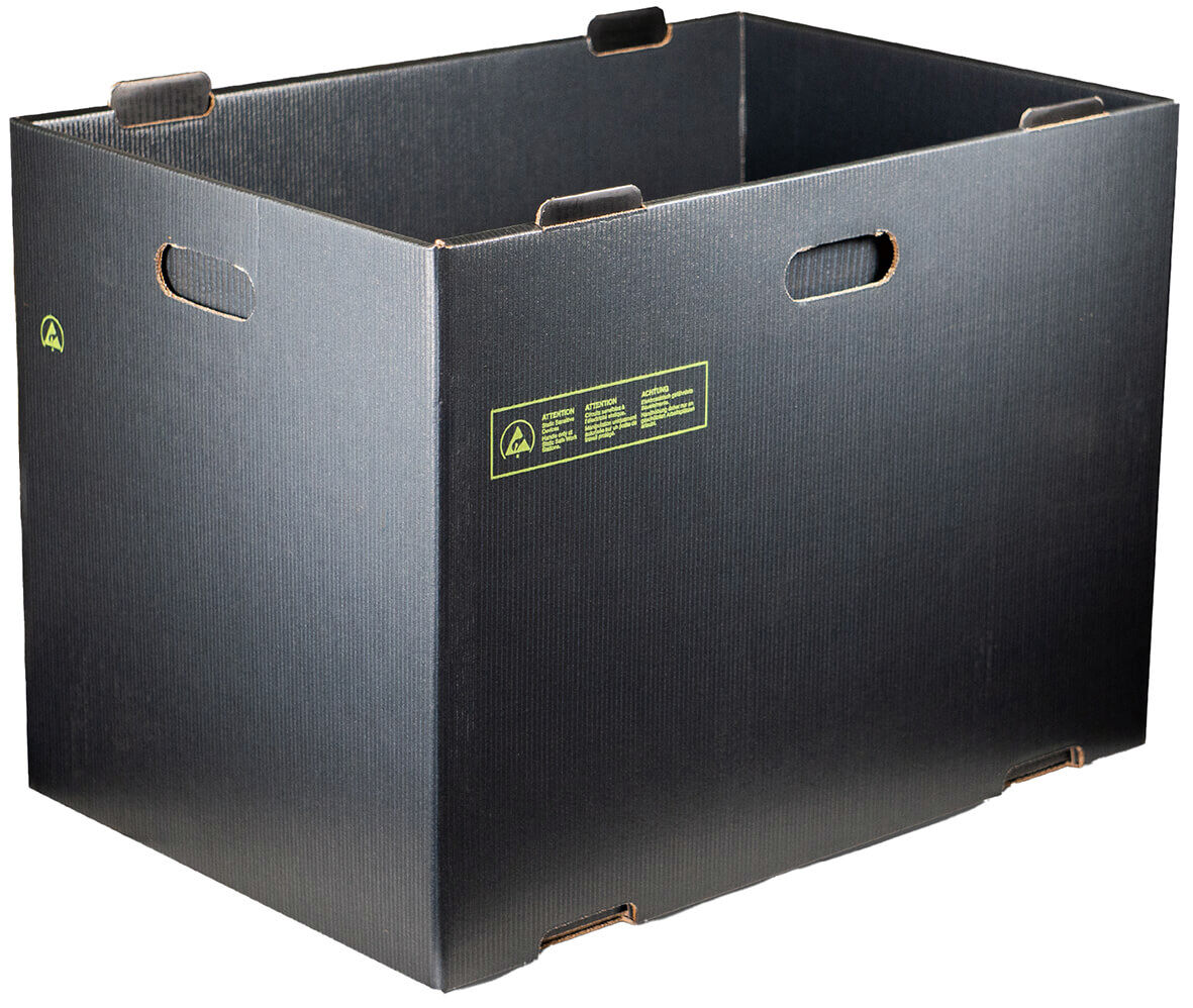 A black cardboard box with a rectangular shape. It has two handle openings on the short sides and is made of sturdy corrugated cardboard, ideal for storage or transportation of items.