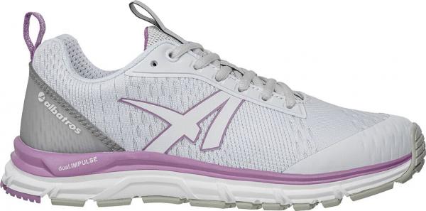 The shoe is a sporty sneaker in light gray with purple accents. It has a breathable upper and a padded, flexible sole. The laces secure the fit.