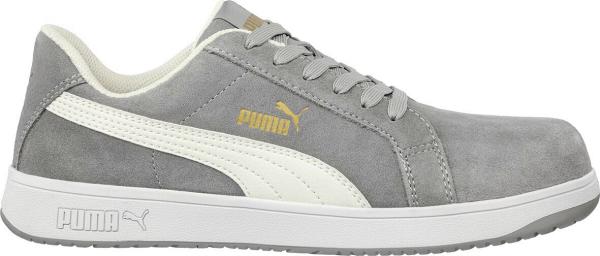 Der Schuh ist ein sportlicher, grauer Sneaker aus Wildleder mit einer weißen Sohle. An der Seite befindet sich eine weiße Markierung und das Puma-Logo in Gold. Er hat Schnürsenkel und eine klassische Form.