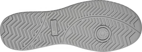 The image displays the underside of a shoe. The sole is light gray with a non-slip tread featuring deep, wavy patterns and a round logo in the center.