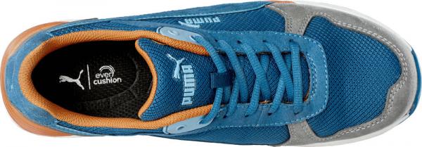 The shoe is sporty and primarily blue on the upper part with gray and orange accents. It has lacing and a breathable material. The sole is grippy.