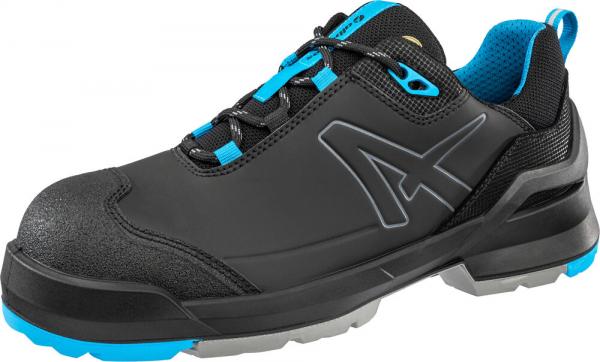 The shoe is black with blue accents. It has a sturdy, non-slip sole and a padded insole. The laces are blue and the shoe appears sporty and stable.