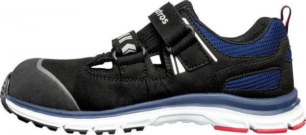 The image shows a sporty shoe in black with blue and white accents. It has a reinforced toe area and two adjustable straps for secure fit.