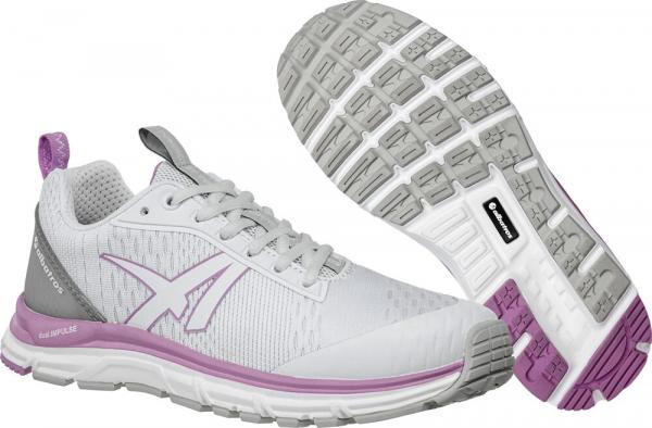 The image shows a pair of running shoes. They are primarily white with gray and purple accents. The sole has a non-slip pattern and the shoes are sporty and lightweight.