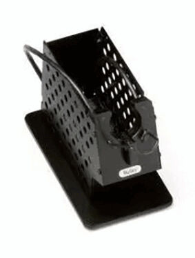 The image shows a black, lattice-like container with an open top, standing on a flat, rectangular base. It has a cable connection.