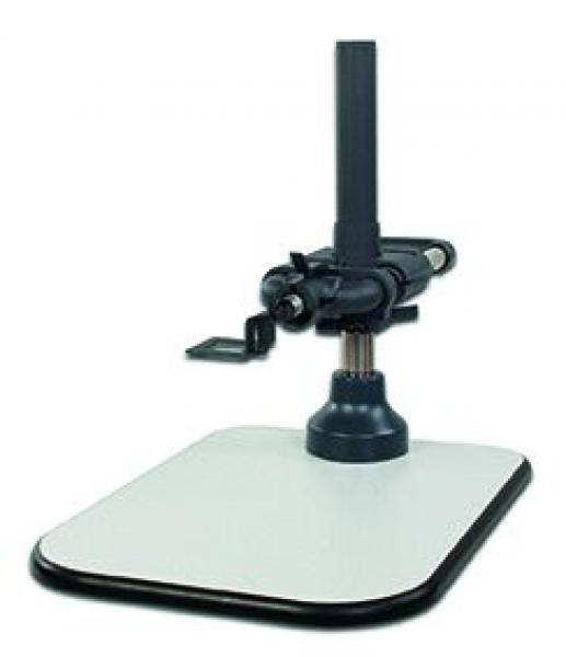 The image displays a microscope stand with a stable, rectangular base. A vertical column rises with a horizontal holder for the microscope.