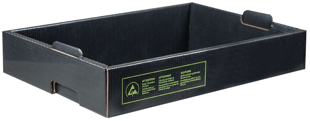 The image shows a rectangular, flat box made of black cardboard. It has a handle on each of the shorter sides and green lettering on the long side.