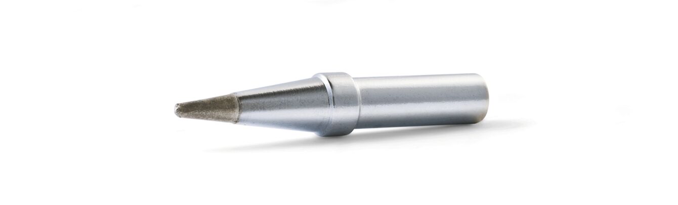 The image shows a silver, pointed pen that has a conical shape. The tip is gray-colored and narrow, while the body is round and smooth.