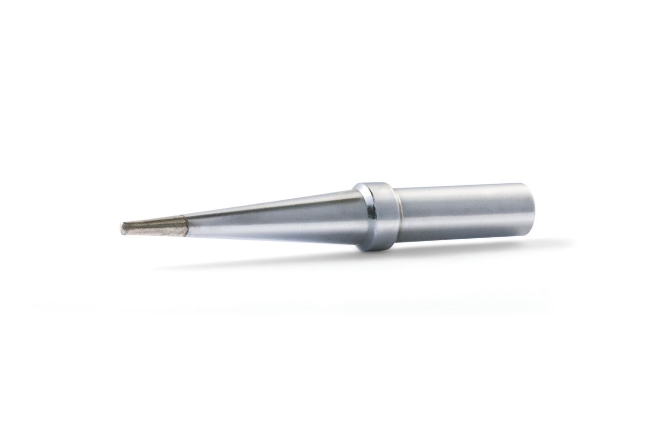 The image shows a silver metal pen with a sharp, conical shape. The wide base tapers upwards, ideal for precise work or drawing.