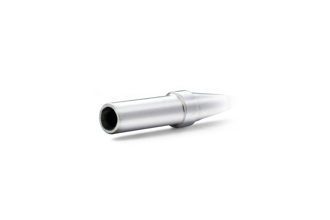 The image displays a round, silver metal part with a narrow, conical end. It has a smooth surface and is placed on a white background.