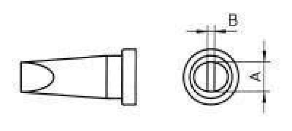 The image shows a technical drawing of a conical component. It has a pointed shape with a round end that is being measured. The dimensions A and B are indicated.