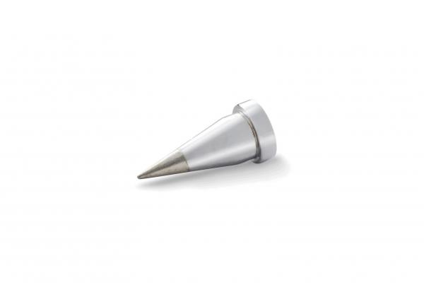 The image shows a conical metal object with a pointed, sharply tapering tip and a wider, round base. It is silvery and shiny. The object is lying at an angle on a white surface.