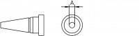 The image displays technical drawings. On the left, a conical body tapering to a point with a base. On the right, a circle with a central line pointing upwards.