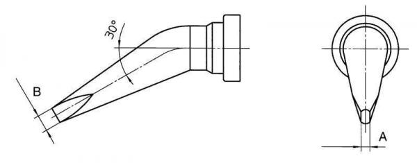 The image displays technical drawings of a component. On the left is the side view (at a 30° angle) and on the right is the top view, both with dimensions.