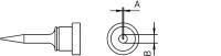 The image displays technical sketches of a pen. On the left, the pen is depicted from the side with a pointed shape, and on the right, a top view with a circle and markings.