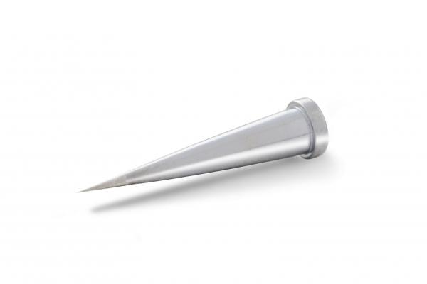 The image shows a sharp metal pin with a wide, flat end. The shape resembles a cone that tapers towards the top. The surface is shiny and silver-colored.