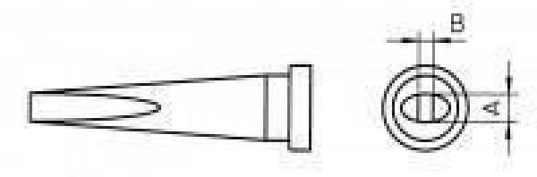 The image shows a technical drawing of a conical object. It has an elongated shape with a narrow tip and a broad end. On the right, dimensions for A and B are visible.