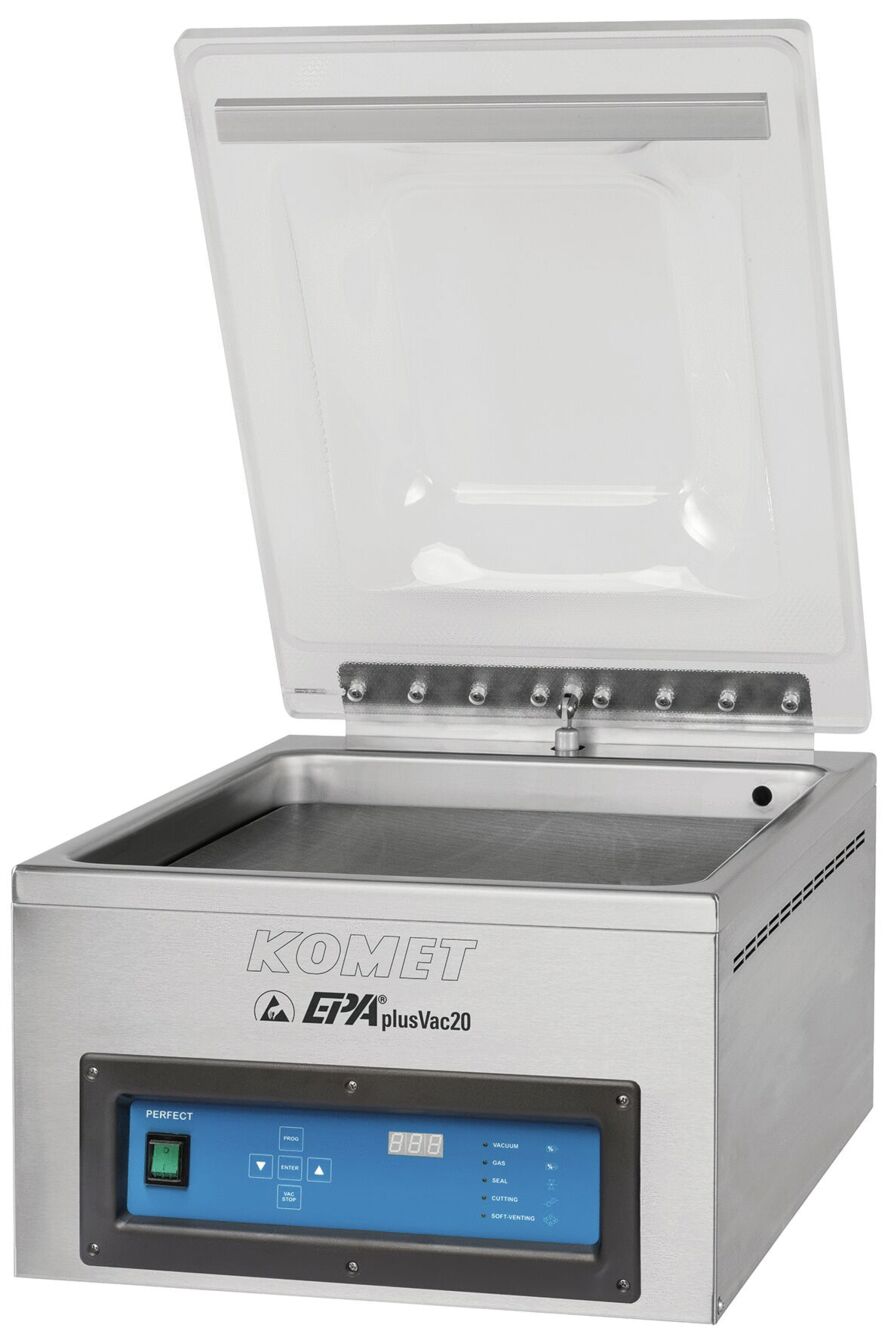 The image shows a silver vacuum sealing machine with a rectangular container and a lid that opens on the top. On the front, there is a control panel with buttons and a display.