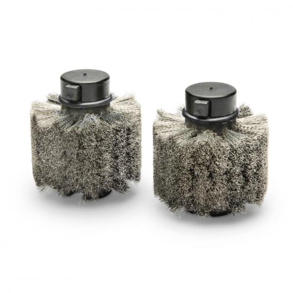 The image shows two round brush heads with black plastic caps. The brushes are equipped with dense, gray bristles and have a compact shape.