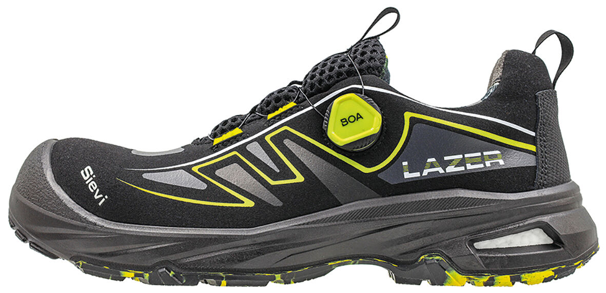 The image shows a black sports shoe with yellow accents. It features a modern design, an ankle-high shape, and a special lacing technique with a twistable closure.