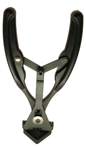 The image shows a black tool with two long, curved handles that meet in the middle. At the bottom, there is a solid, triangular tip. It appears sturdy and functional.