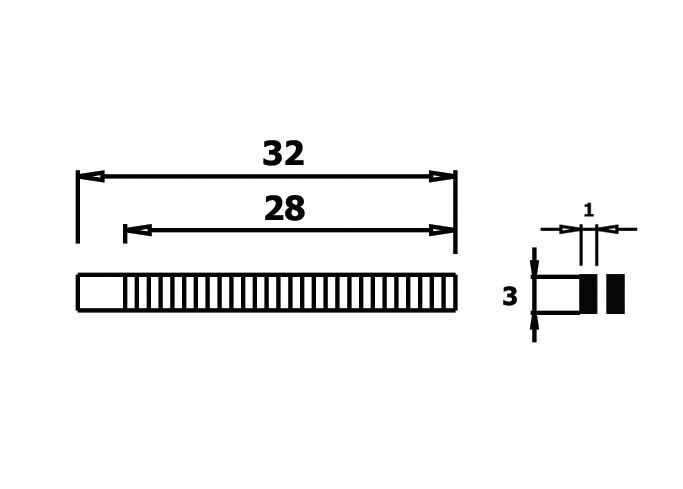 The image displays a technical drawing of a rectangle with dimensions of 32 mm and 28 mm. On one side, additional measurements of 3 mm and 1 mm are indicated. The line is marked with fine dash markings.