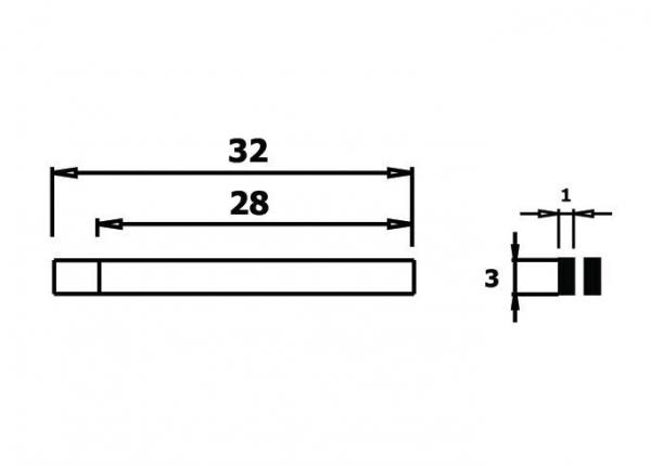 The image shows a technical drawing. At the top are two length measurements (32 and 28 mm). On the right is a side view with a thickness of 3 mm and additional measurements (1 mm).