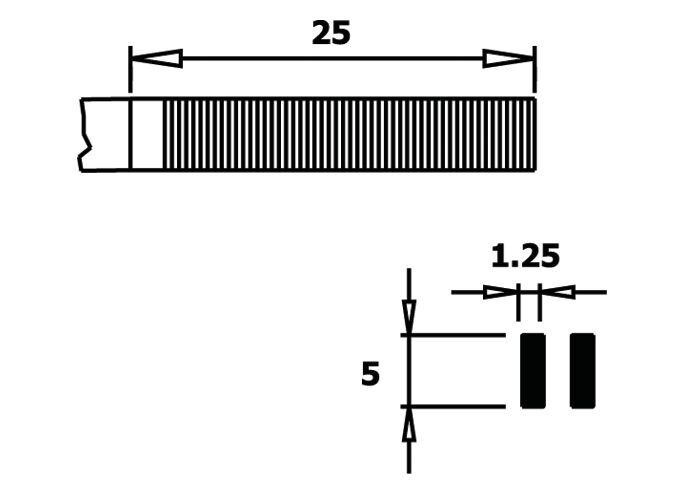 The image displays technical drawings. At the top, there is an elongated, grooved object measuring 25 mm in length. Below, dimensions of 5 mm and 1.25 mm are shown, along with two small black rectangles.