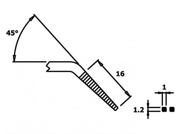 The image displays a technical drawing of a tool with a 45° angle, a length of 16 units, and various dimensions. The handle is narrow and features a ridged structure.