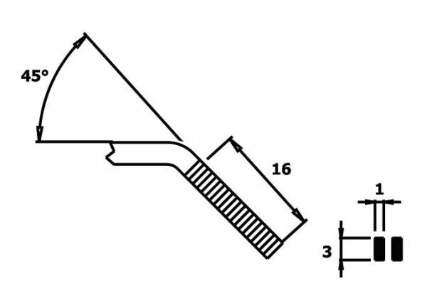 The image displays a technical drawing of a tool, likely a measuring device. One line indicates a 45° angle, another measures 16 units. To the right, two small rectangles are depicted.