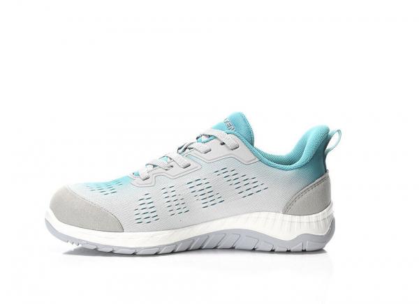 The shoe is sporty, with a gray and turquoise upper. It has breathable inserts and a bright, non-slip sole. The shape is sleek and modern.