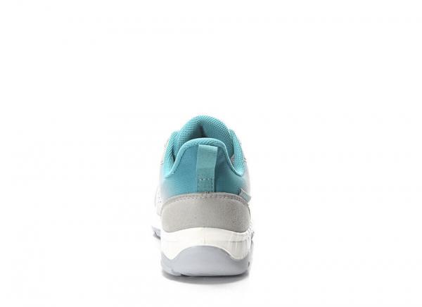 This is a sports shoe made of gray and turquoise material. The heel is slightly raised and the shoe has a white sole. The upper appears soft and padded.