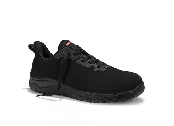 The shoe is a black sneaker with a sturdy, slightly curved sole. It has laces and a padded, comfortable interior. Ideal for athletic activities.