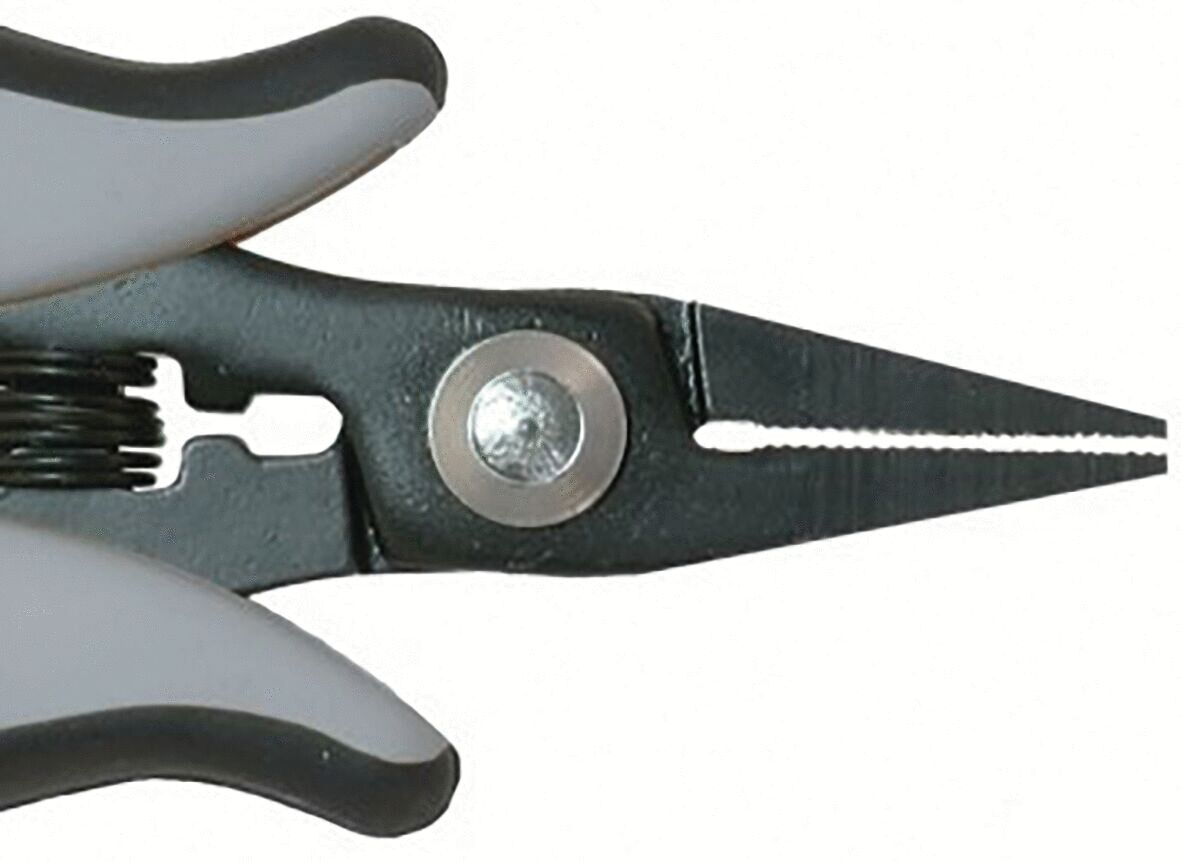 The image displays a pair of pliers with narrow, pointed blades. The handle is gray with black accents. In the center, there is a metal axis for the rotating movement.