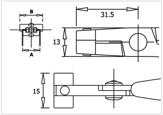 The image displays technical drawings of a component from three perspectives: top (bird's-eye view) with dimensions, side, and front. The dimensions given are 15, 13, and 31.5 mm.