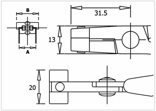 The image displays technical drawings of a component. There are three views: from above, from the side, and front. Key dimensions are 31.5 mm, 20 mm, and 13 mm. Lines and circles indicate details.